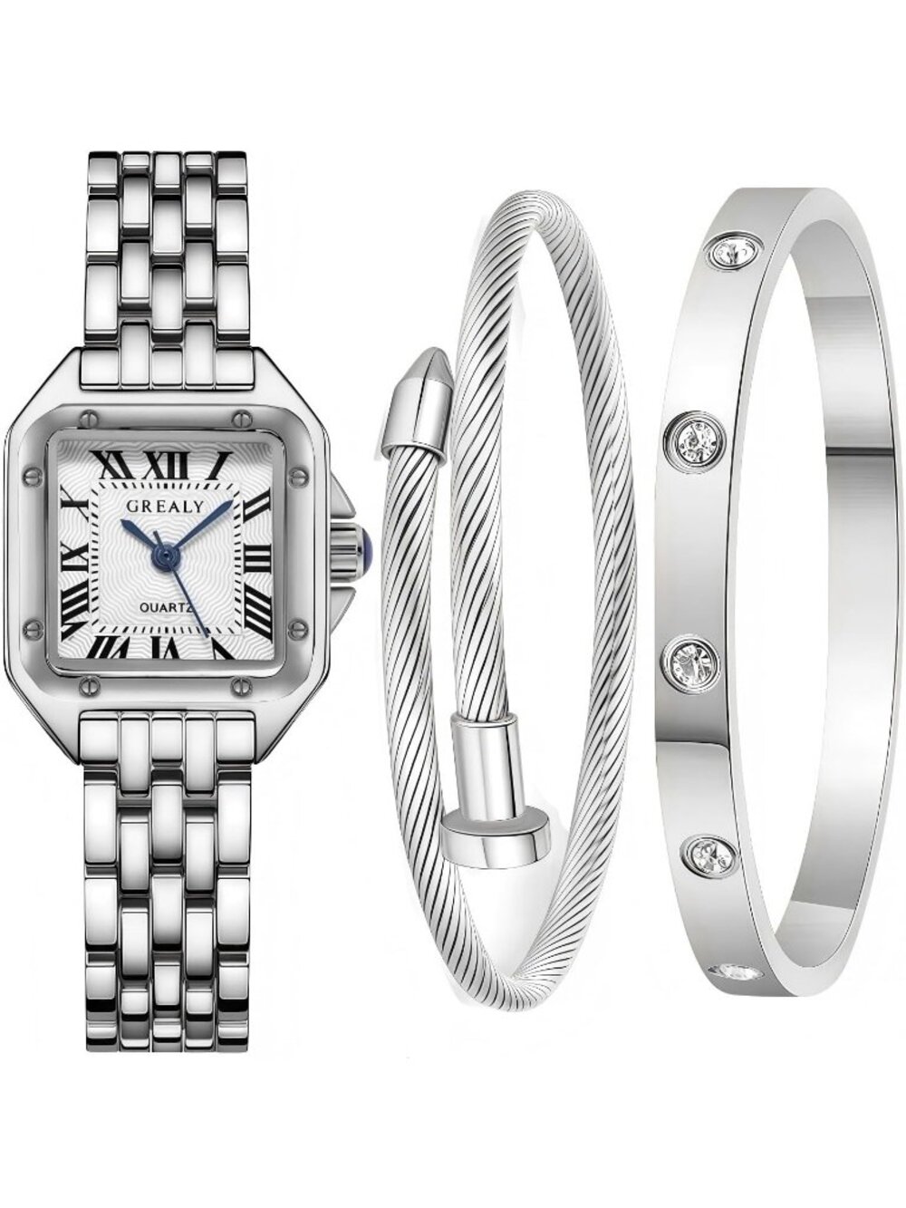 Women's Silver Roman Dial Bangle Stainless Steel 2 Bracelets Set Wristwatch